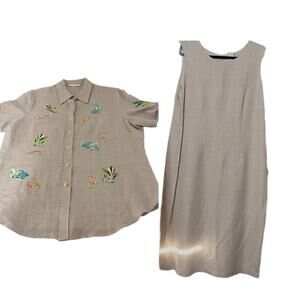 Woman 2 Pcs Set Maxi Midi Dress & Jacket Button SZ 16 W Linen Rayon Fish Beachy